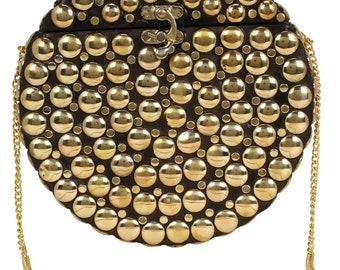 Pochette a forma di scatola rotonda nera e dorata - Accattivante borsetta in metallo realizzata a mano, regalo per l'anniversario di matrimonio per lei
