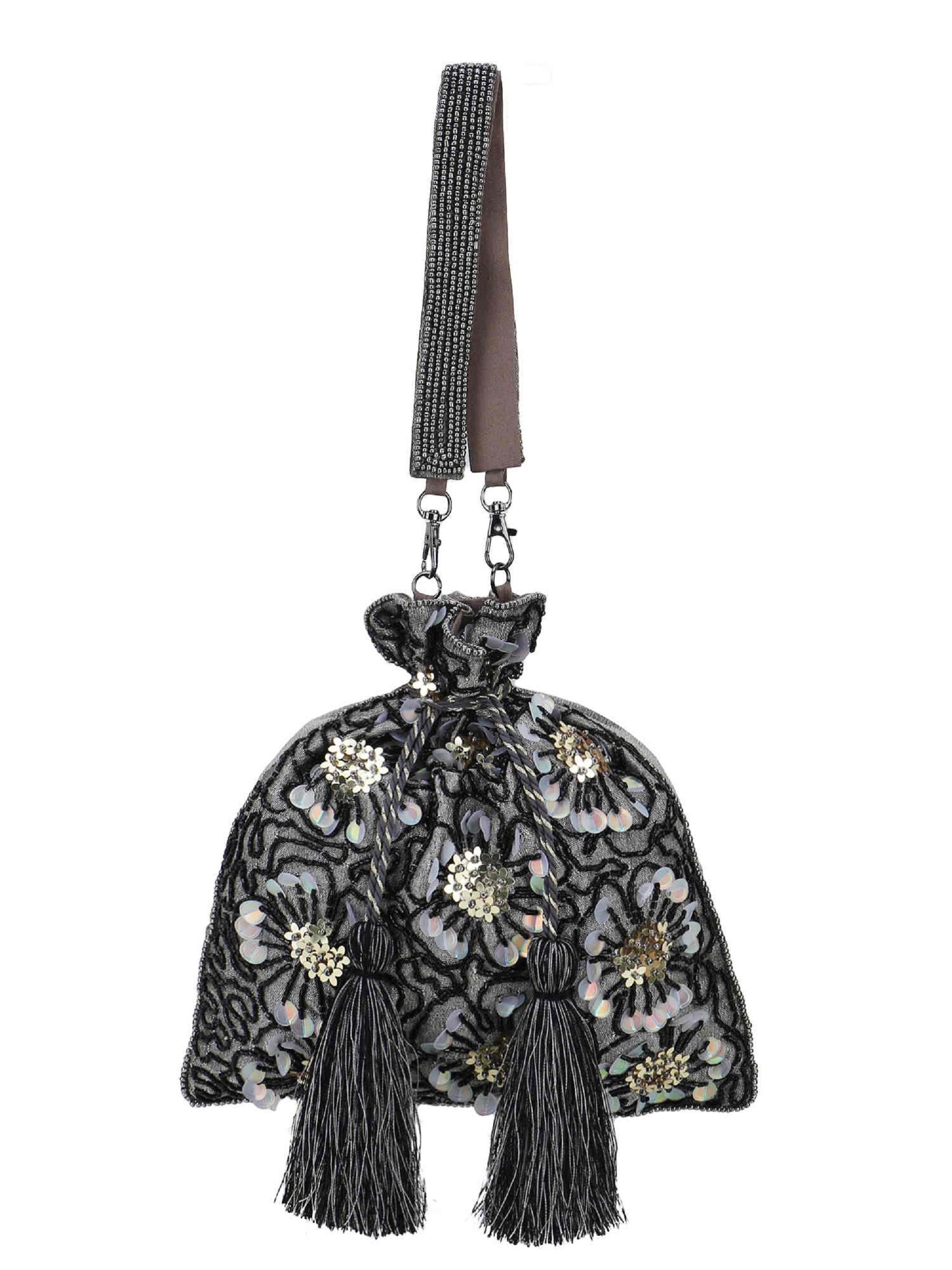 Designer Pattern Potli Bag, Floral Embellished Faux Silk Potli, Evening