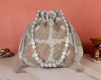 Designer Beaded Potli, Bridal Potli Bag, Wedding Bag For Bridesmaids Gifting, Party Bags, Festive Pouch, Anniversary Gift For Her HN