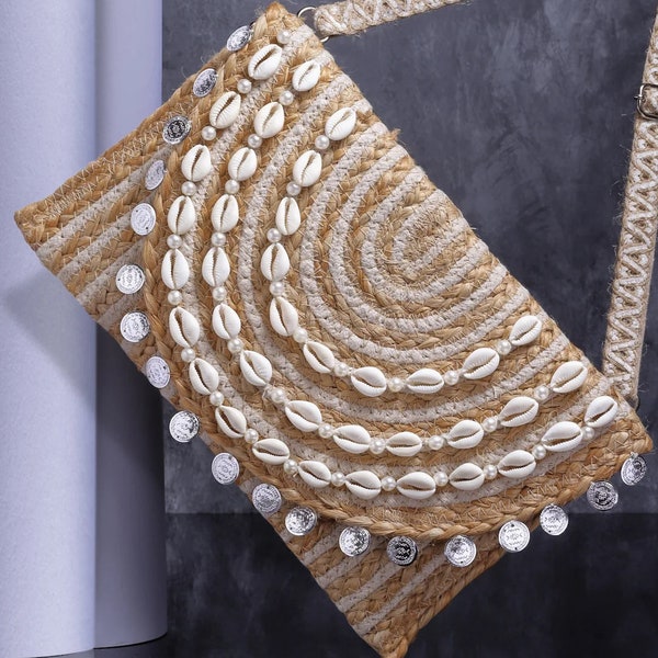 Exotic Flair of sisal established jute bag Organic Opulence Sisal Striped Jute Sling with Intricate Embellishment bag