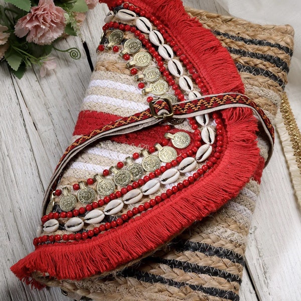 Quirky tribal Boho Bag, Rustic Jute Envelope Purse, Statement & Ethnic Cowrie Shell Bag, Beaded Red, Beige and White Unique Gift