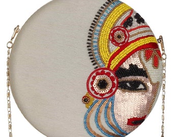 Kathak Embroidered Faux Silk Round Clutch, Wedding Wear Accessories, Bridal Wedding Purse, Purse for Wedding Bride