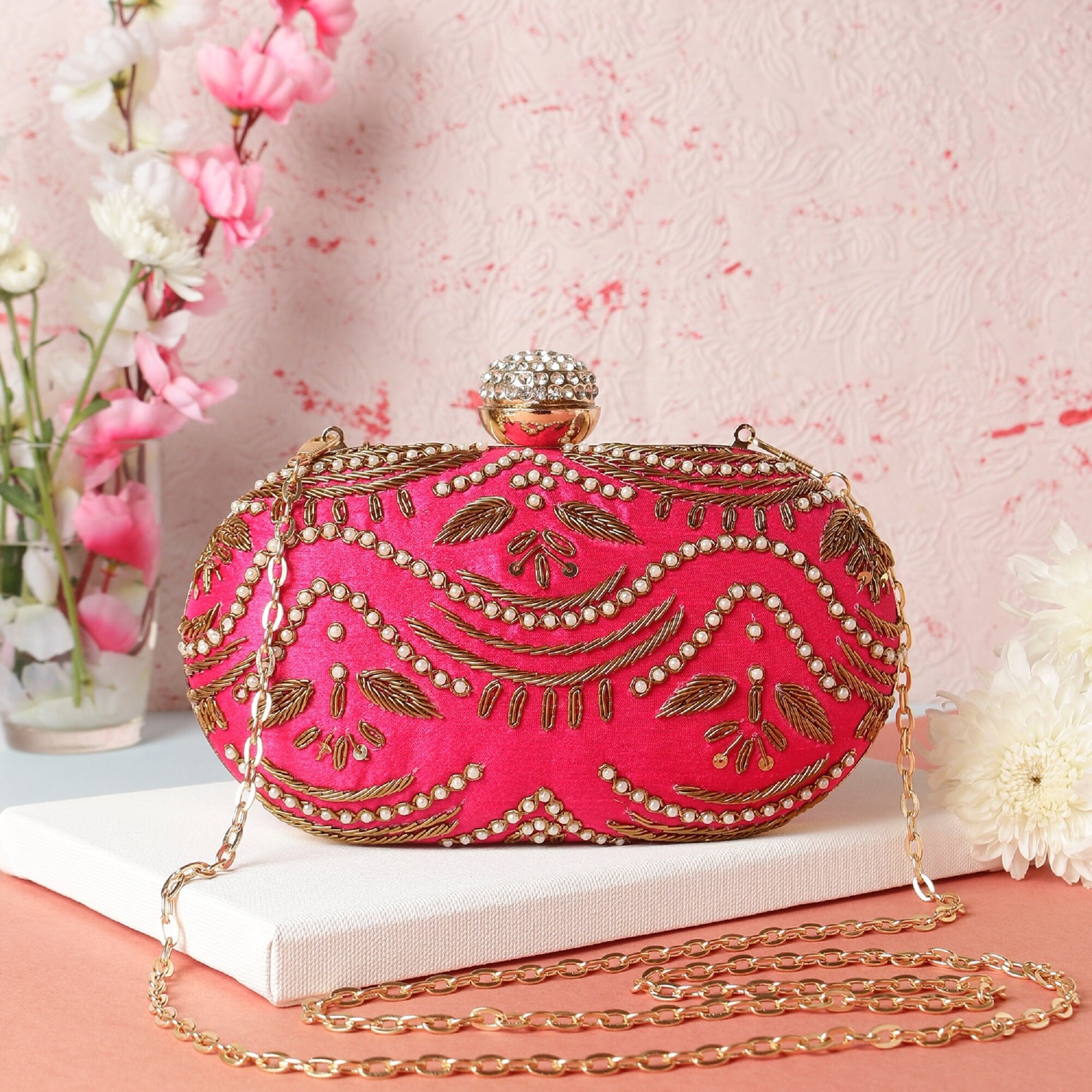 Beautiful Oval Clutch, Single Side Embroidery Clutch, Wedding Clutch