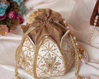 lotus potli bag wedding gift, unique bag embroidered indian bridal potli bag engagement gifts bridesmaid gifts anniversary gifts HN