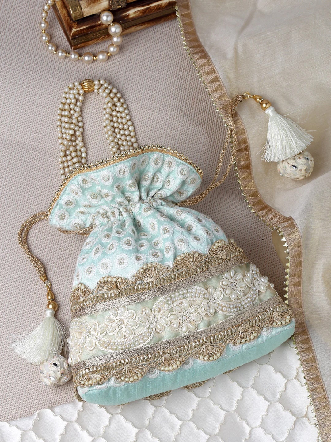 Cream & Gold Sequined Potli Bag – Elegant Faux Silk Handbag from Dangle Collection