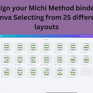 以下が含まれることがあります： Michi Methodバインダー用のCanvaテンプレートを表示するデジタルインターフェース。緑と白の長方形のセグメントを持つ25種類のグリッドレイアウトが並んでいます。テキストには「Design your Michi Method binder in Canva Selecting from 25 different layouts」と書かれています。