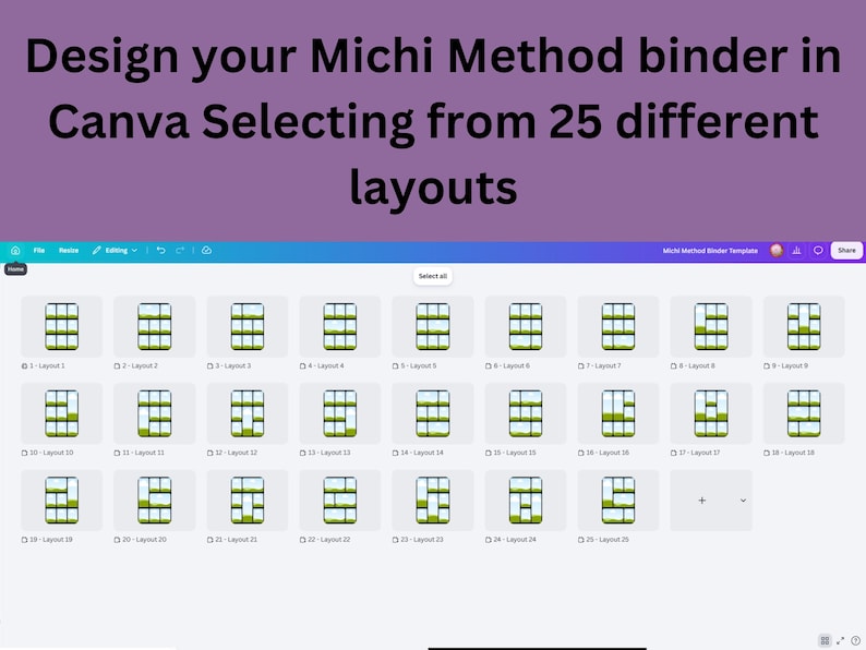 以下が含まれることがあります： Michi Methodバインダー用のCanvaテンプレートを表示するデジタルインターフェース。緑と白の長方形のセグメントを持つ25種類のグリッドレイアウトが並んでいます。テキストには「Design your Michi Method binder in Canva Selecting from 25 different layouts」と書かれています。