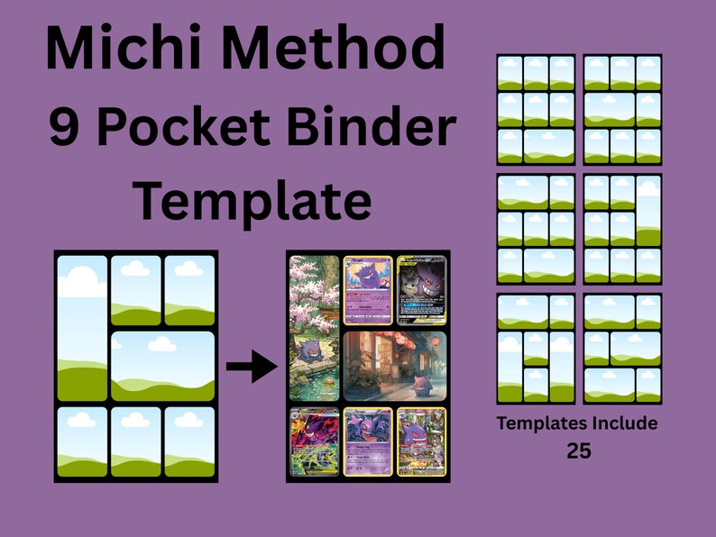 以下が含まれることがあります： Michi Method 9ポケットバインダーテンプレート（25種類）。トレーディングカード用のグリッドレイアウトが表示されており、風景イラスト入りの空のポケットと、ゲンガーのキャラクターカードが入った使用例が紫色の背景に配置されています。