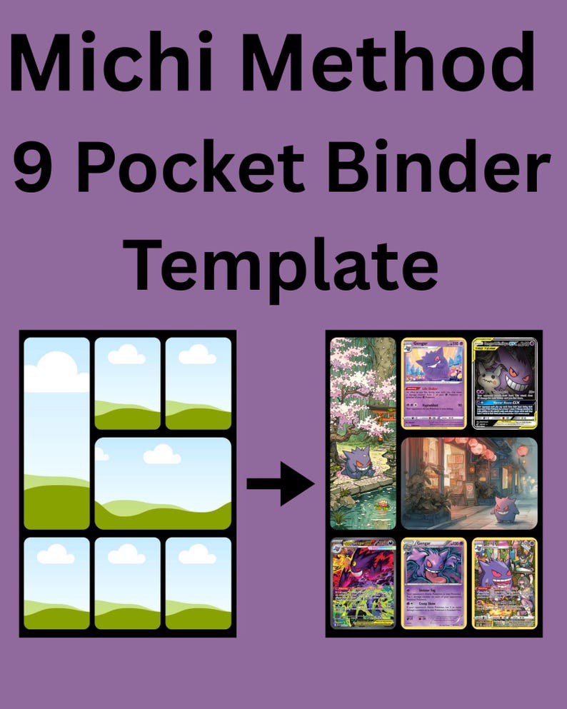 以下が含まれることがあります： 紫色の背景にMichi Method 9ポケットバインダーテンプレートのグラフィック。9つの長方形のスロットがある空のグリッドと、様々なゲンガーのトレーディングカードが入ったグリッドが並んでおり、右向きの黒い矢印で繋がれています。