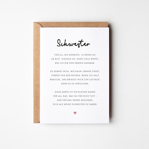 Karte für Schwester | Danke Schwester Karte | Liebevolle Karte für Schwester | Geburtstagskarte Schwesterherz | Geschenk beste Schwester