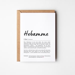 Könnte beinhalten: Eine weiße Karte mit dem Wort "Hebamme" in schwarzer Schrift, vor einem braunen Umschlag. Die Karte enthält deutschen Text, der die Rolle einer Hebamme beschreibt, mit dem Wort "Silke" und der Definition des Wortes.