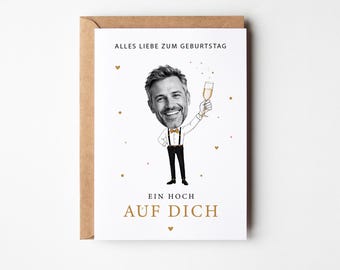 Personalized birthday card with photo | Funny card with face & champagne glass | Birthday gift for men | Photo gift caricature