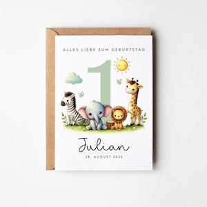 Personalisierte Zahlen Karte für Mädchen & Jungen mit Tieren I Geburtstagskarte für den 1., 2., 3 Geburtstag I Enkel/Nichte I Tante/Onkel