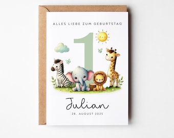 Personalisierte Zahlen Karte für Mädchen & Jungen mit Tieren I Geburtstagskarte für den 1., 2., 3 Geburtstag I Enkel/Nichte I Tante/Onkel