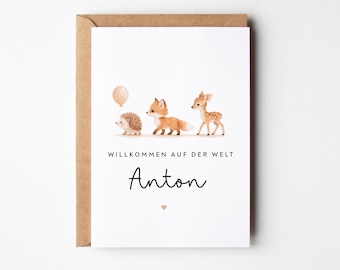 Personalisierte Geburtskarte „Willkommen auf der Welt“ mit Name | Babykarte mit Waldtieren zur Geburt | Geschenk Karte zur Geburt