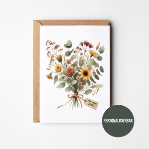Personalisierte Karte mit Blumen Aquarell I Dankeskarte mit Namen + Text I Blumen mit Namensschild I Perfekt für Gäste, Freunde & Familie