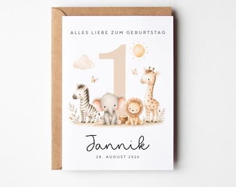 Personalized Safari Card with Desired Number & Name | Birthday Card for Girls and Boys | 1st, 2nd, 3rd Birthday with Animals | Gift
