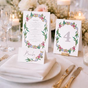 Wedding Printable Bundle Menu Table Numbers Place Cards, Colorful Floral Wedding Stationery, Boho Fun Wedding Decor Digital Download