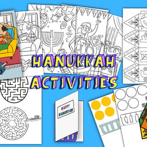 Activités de Hanoukka imprimables et pages à colorier pour Hanoukka pour enfants et enfants, dreidel, labyrinthes et carte de vœux