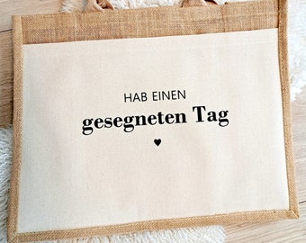 Jutetasche mit Schriftzug "Hab einen gesegneten Tag" | Christlich | Jesus | Geschenk | Gott | Bibel | Handtasche | Einkaufstasche