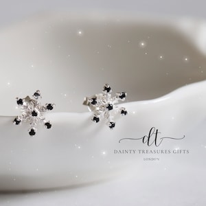 Snowflake Stud Earrings in Sterling Silver with Black Cubic Zirconia |  Silver Stud Earrings | Stylish Gift Idea | Modern Winter Elegance