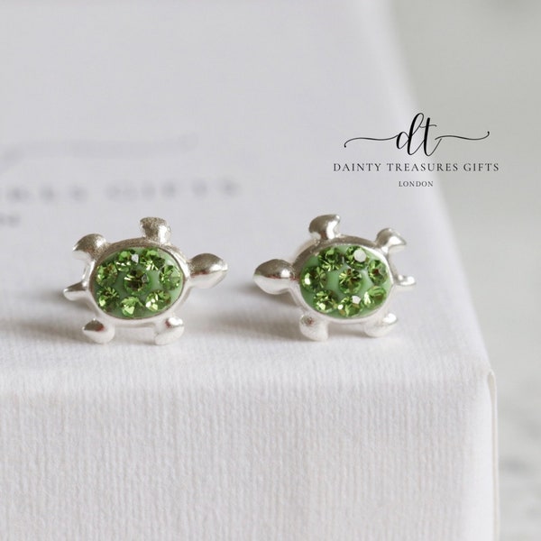 Turtle Ear Studs Peridot Crystal Earrings Sterling Silver | Gift Ideas for Animal Lovers |  Nature-Inspired Jewellery | Cute Animal Ear Stud