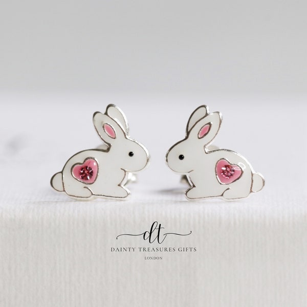 Rabbit Earrings Studs In Sterling Silver with Crystal | Gift Ideas for Animal Lovers |  Nature-Inspired Jewellery | Cute Animal Ear Studs