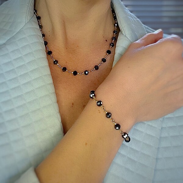 Collier et bracelet en perles de cristal noir, chaîne plaquée or 24k, cadeau St Valentin, collier ras de cou pour femme, bijoux boho chic