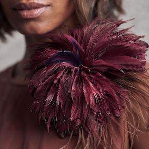 Burgundy Ostrich Feather Brooch Purple Mocha Brown Large Flower Pin Corsage Millinery Statement Coat Accessory Wedding Guest Gift