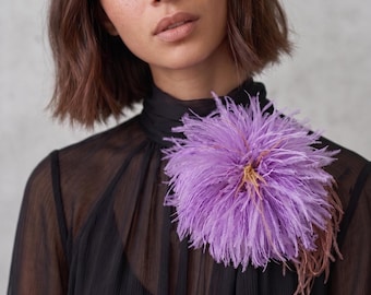 Statement Lavender Ostrich Feather Flower Brooch – Large Floral Lapel Accessory