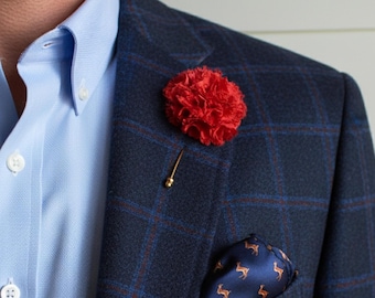 Red Silk Carnation Boutonniere, Red Floral Stick Lapel Pin for Formal Event, Handmade Ruffle Flower Lapel Pin, Retro Style Flower Brooch