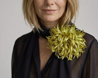 Large Silk Chrysanthemum Flower Brooch: Acid Green Statement Lapel Pin, Italian Mulberry Silk