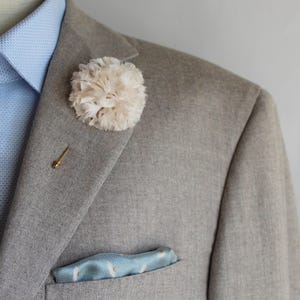 White Silk Carnation Boutonniere for Wedding, Ivory Flower Stick Lapel Pin for Formal Event, Handmade Retro Style Ruffle Flower Lapel Pin