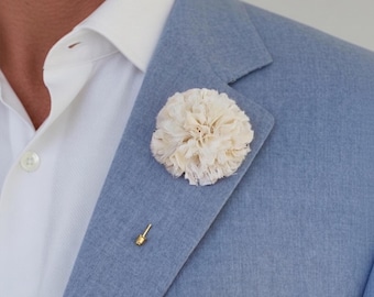Off-white Silk Carnation Boutonniere, Retro Style Groomsmen Lapel Pin