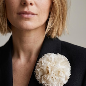 May include: A cream-colored, fabric flower brooch pinned to a black blazer. The brooch is round and has a layered, textured appearance. The woman in the image has short blonde hair and is wearing a black blazer.