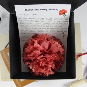 Handmade Thoughtful Mom Gift, Red Silk Carnation Flower Brooch for Great Grandma Gift, Greeting Card for Mom, Floral Birthday gift for Her