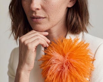 Orange Feather Flower Brooch Large Handmade Ostrich Tangerine Lapel Pin Coral Statement Corsage Fluffy Bold Women Wedding Coat Gift