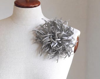 Light Grey Silk Chrysanthemum Brooch: Handmade Statement Floral Lapel Pin