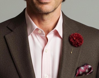 Wedding Burgundy Silk Carnation Boutonniere, Cherry Red Floral Stick Lapel Pin for Formal Event, Retro Vibe Flower Lapel Pin, Gift for him