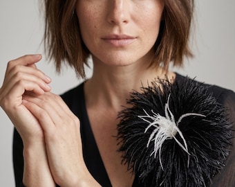 Large Black Ostrich Feather Flower Brooch: Handmade Statement Corsage for Blazer