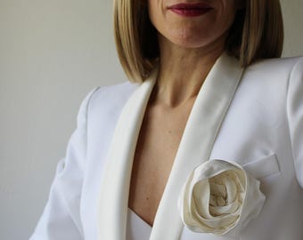 Handcrafted Off-White Silk Rose Brooch, Bridal Corsage Lapel Pin
