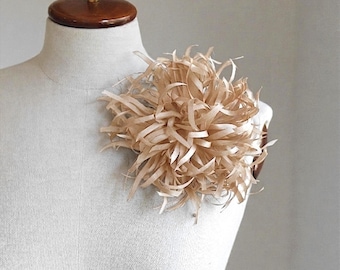 Silk Flower Brooch Large Champagne Floral Pin Women Chrysanthemum Lapel Statement Accessory Bride Bridesmaid Mother Handmade Gift