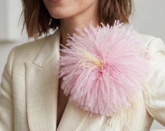 Handmade Pink Ostrich Feather Flower Brooch: Large Statement Lapel Pin Accessory