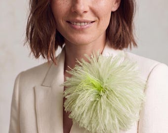 Mint Green Feather Flower Brooch Large Handmade Ostrich Pastel Lapel Pin Light Green Statement Corsage Soft Bold Women Wedding Coat