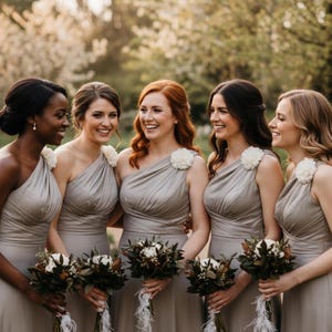 May include: Five women in matching gray one-shoulder dresses, each holding a bouquet of flowers. The dresses have a draped design and are accessorized with a white flower on the shoulder. The women are smiling, suggesting a wedding or special event.