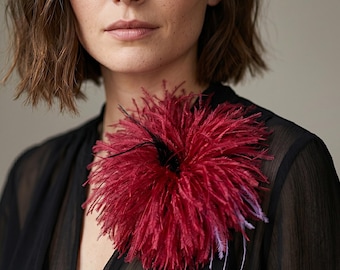 Ostrich Feather Flower Brooch Raspberry Pink Handmade Large Lapel Pin Fuchsia Statement Corsage Hot Pink Plume Women Wedding Coat Gift