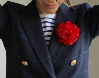 Handmade Red Mulberry Silk Carnation Brooch, Large Flower Lapel Pin