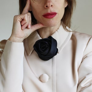 Fashionable black satin rose large flower brooch for formal event, Black Large Flower Pin for blazer, Statement Piece for Minimalist Style