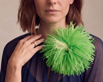 Emerald Green Ostrich Feather Flower Brooch: Statement Lapel Pin Accessory
