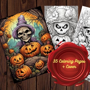 35 Adult Halloween Coloring Book Bundle, Spooky Pumpkins Grayscale Coloring Pages, Halloween activity, PDF Download